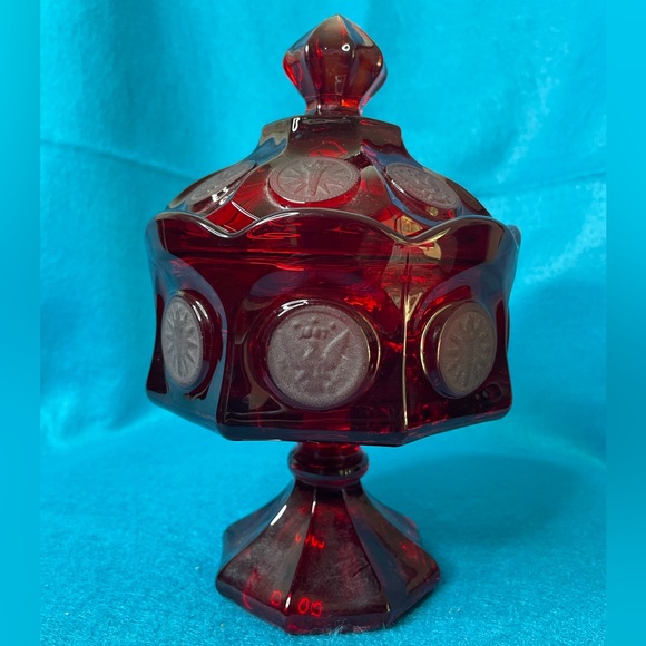 Vintage Fostoria Ruby Red Glass Coin Covered Wedding Bowl/Candy Dish w/Lid. - Picture 3 of 13